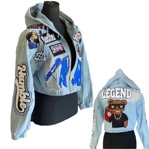 Hollywood Urban Streetwear Upcycled Denim Jacket Cropped Hooded Size Large NWT